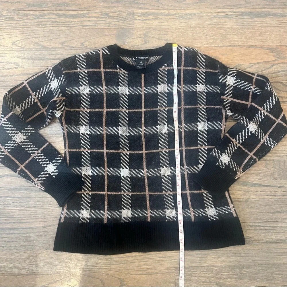 100% Cashmere Sweater C by Bloomingdale’s Black Tan Plaid Jaquard Crewneck XS - Picture 3 of 6